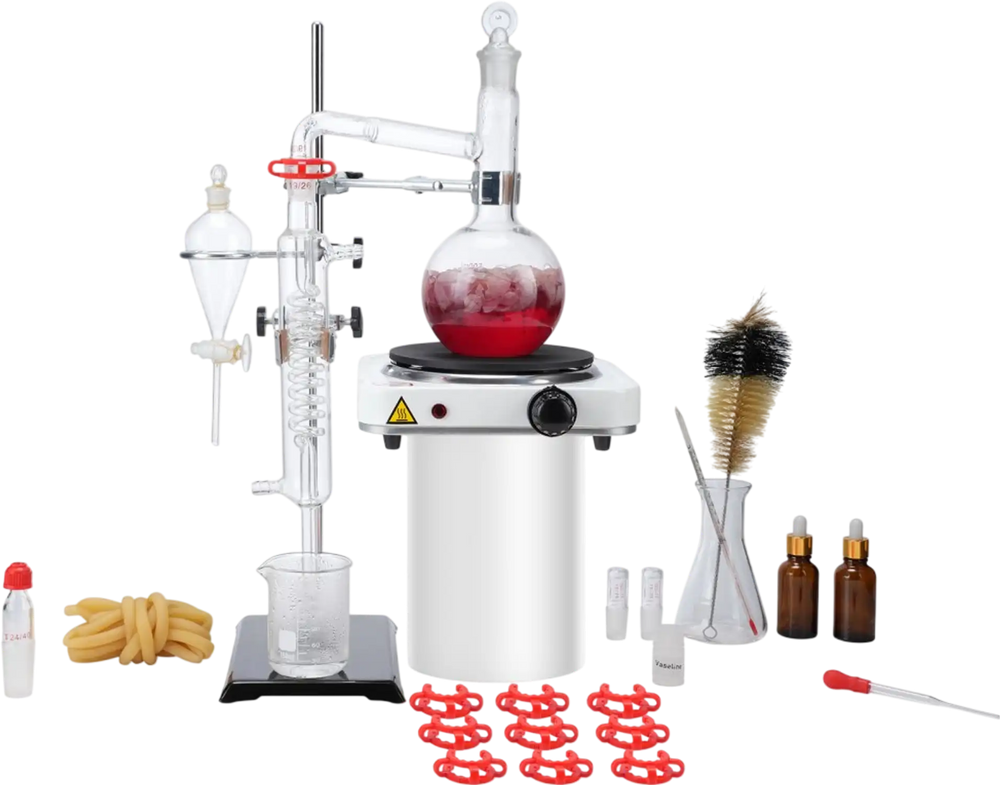 VEVOR Essential Oil Distillation Kit, 500ml Distillation Apparatus, 3.3 Boro Lab Glassware Distillation Kit with 1000W Heating Plate and 24, 40 Joint, 33 pcs Set