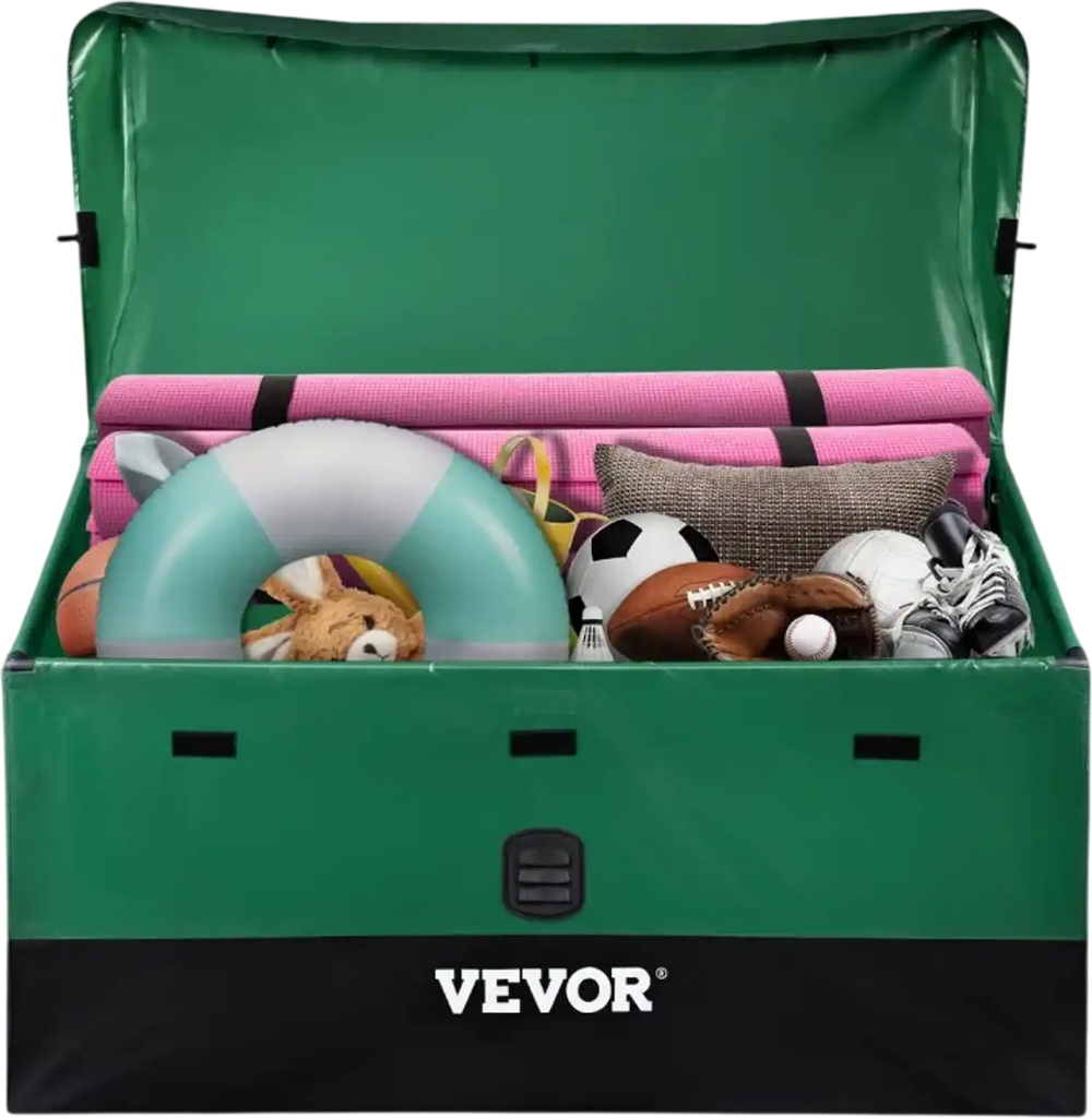 VEVOR Outdoor Storage Box, 100 Gallon Waterproof PE Tarpaulin Deck Box with Galvanized Frame, All-Weather Protection & Portable, for Camping, Garden, Poolside, and Yard, Brown & Blue
