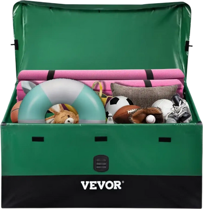 VEVOR Outdoor Storage Box, 100 Gallon Waterproof PE Tarpaulin Deck Box with Galvanized Frame, All-Weather Protection & Portable, for Camping, Garden, Poolside, and Yard, Brown & Blue