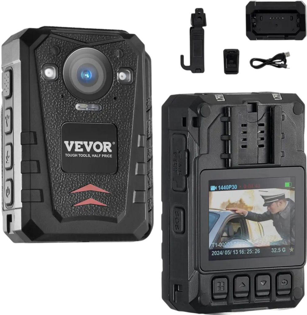 VEVOR 1440P HD Police Body Camera, 128GB Body Cam with Audio Video Recording Picture, Built-in 3500 mAh Battery, 2.0" LCD, Infrared Night Vision, Waterproof GPS Personal Body Cam for Law Enforcement