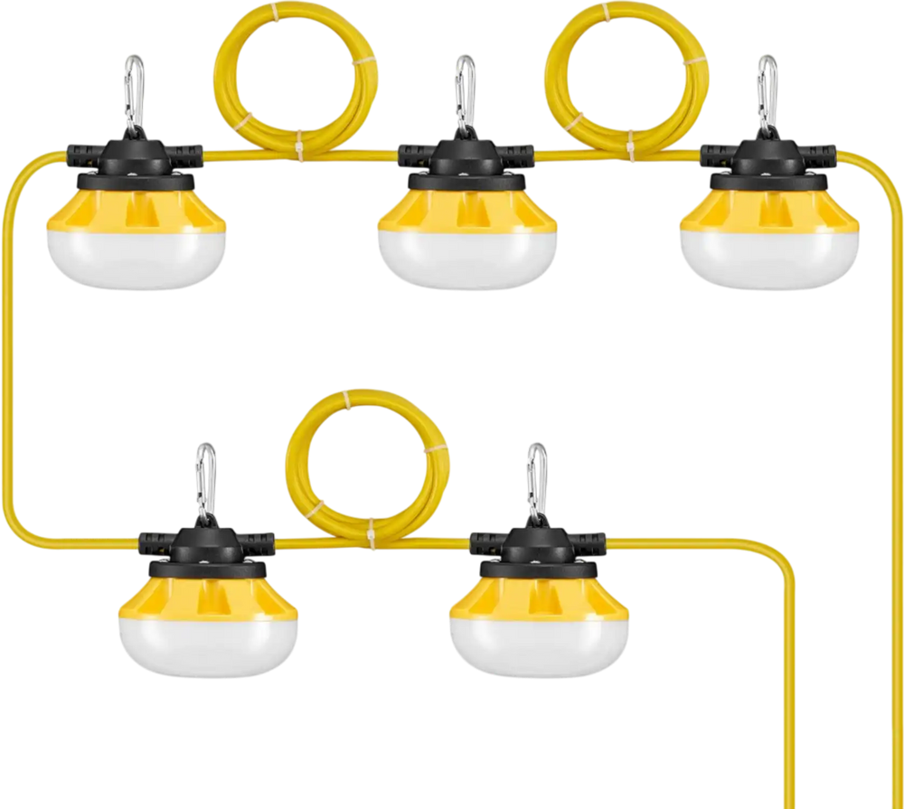 VEVOR 50FT Construction String Lights, 50W 5000LM, 5PCs String Work Light, 5000K Daylight & IP65 Waterproof, with Hanging Hooks, for Construction Site, Temporary Lighting Indoor & Outdoor, ETL Listed