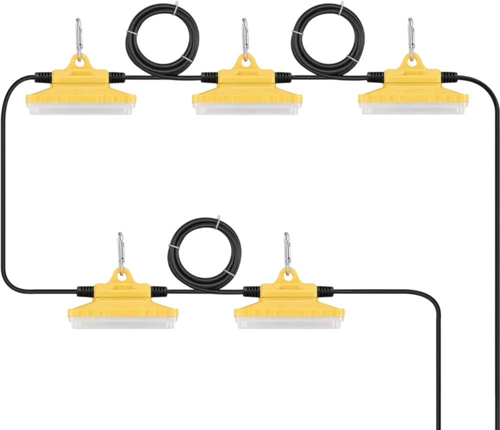 VEVOR 50FT Construction String Lights, 75W 7500LM, 5PCs String Work Light, 5000-5500K, IP65 Waterproof, with Hanging Hooks, for Construction Site, Temporary Lighting Indoor & Outdoor, ETL Listed