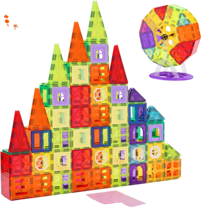 VEVOR Magnetic Tiles, 181 PCS Magnetic Building Blocks for Kids, Magnet Building Set with Car Bases/Ferris Wheel/Letter & Digital Cards, STEM Construction Stacking Toys for Toddlers Boys Girls Aged 5+
