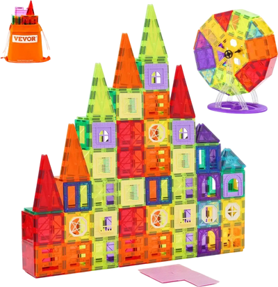 VEVOR Magnetic Tiles, 180 PCS Magnetic Building Blocks for Kids, Magnet Building Set with 2 Car Bases & Ferris Wheel Stand, STEM Educational Construction Stacking Toys for Toddlers Boys Girls Aged 5+