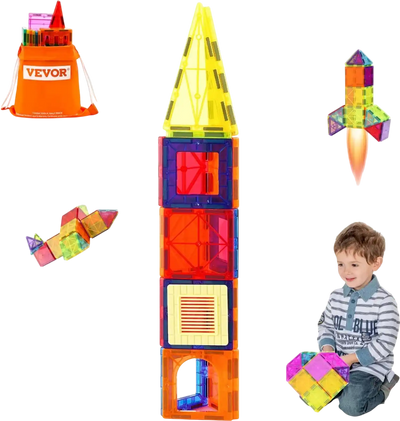 VEVOR Magnetic Tiles, 55 PCS Magnetic Building Blocks for Kids, Magnet Building Set with Car Base & 16 Digital Cards, STEM Educational Construction Stacking Toys Gift for Toddlers Boys Girls Aged 4+