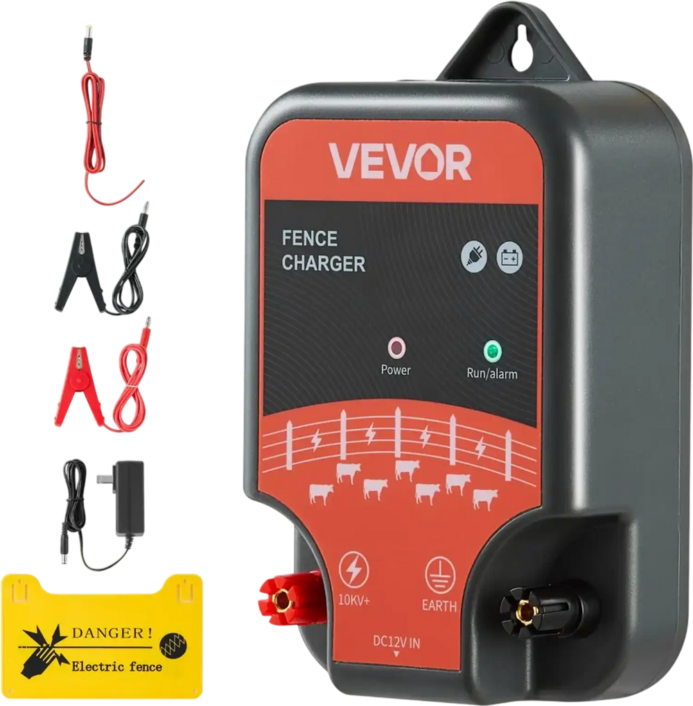 VEVOR Electric Fence Charger, 10kV 2J, AC DC Electric Fence Energizer with LED Indicator, 1.86 Miles Range, Powerful Plug-in Fences Charger, Prevents Wild Animals Intrusion for Livestock Poultry