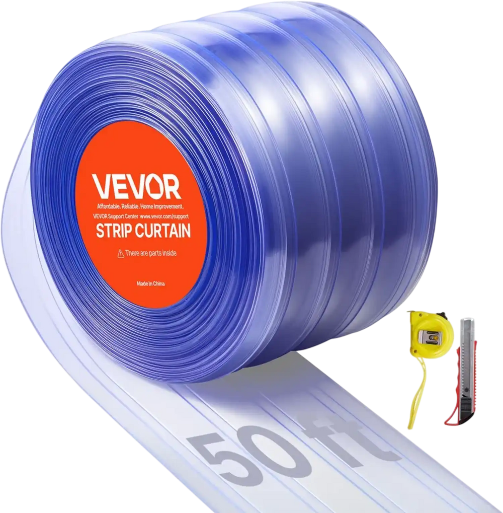 VEVOR Clear PVC Strip Curtain, 50 ft Length x 8 in Width, Ribbed Plastic Door Strip Bulk Roll, Walk in Freezer Cooler Curtain Strips for Doorways of Supermarket, Garage, Warehouse, Pet Animal House