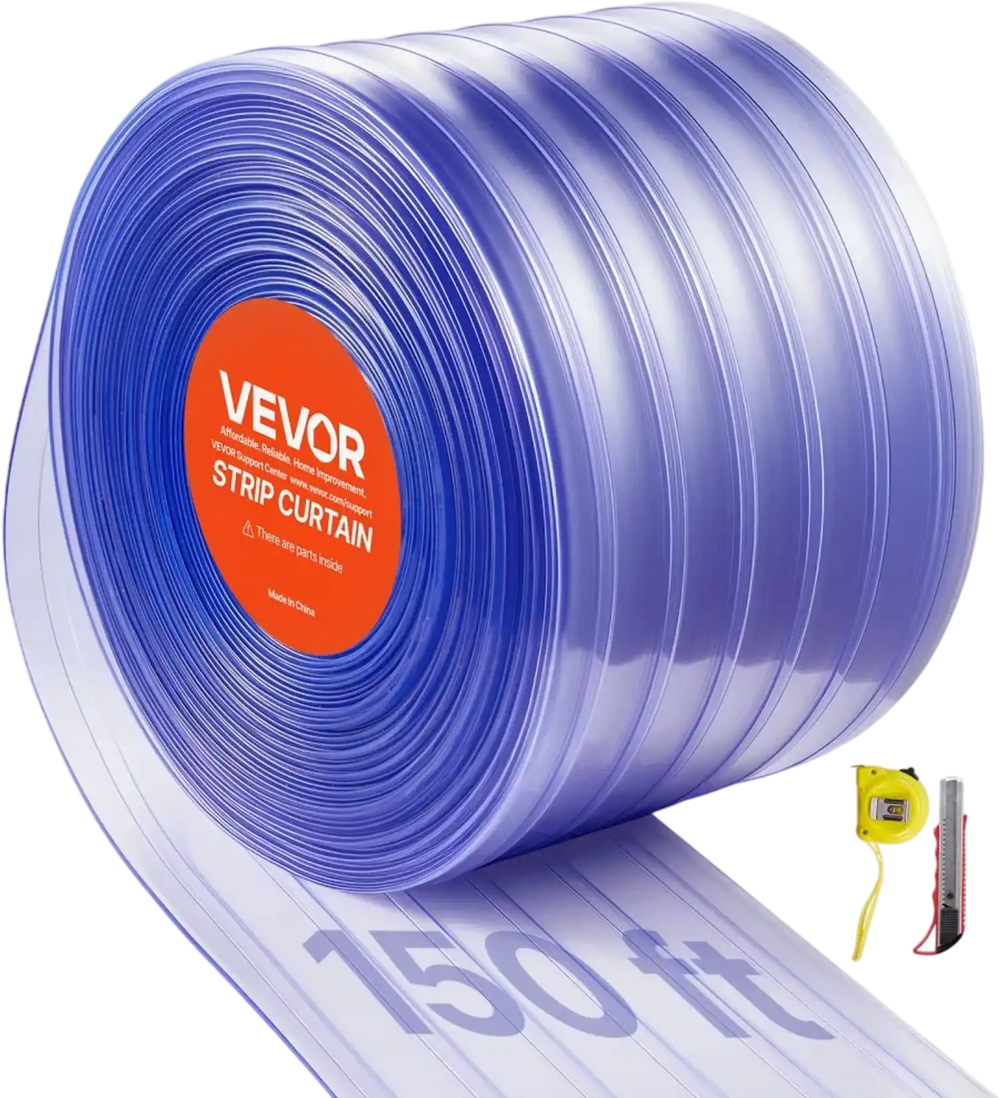 VEVOR Clear PVC Strip Curtain, 150 ft Length x 12 in Width, Ribbed Plastic Door Strip Bulk Roll, Walk in Freezer Cooler Curtain Strips for Doorways of Supermarket, Garage, Warehouse, Pet Animal House