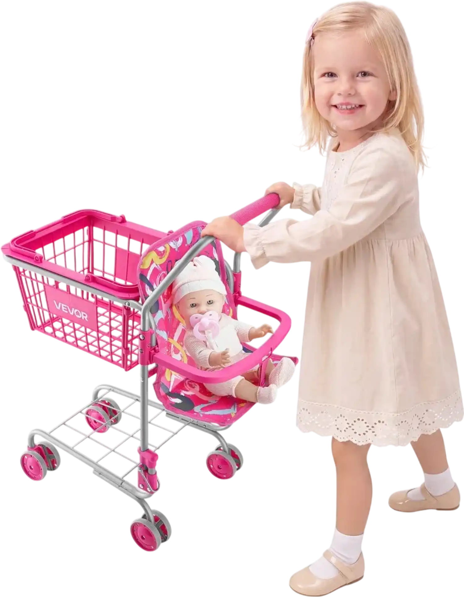 Vevor Shopping Cart Kids Pretend Play Grocery Toy Trolley with Doll Seat 2-Tier Pink New