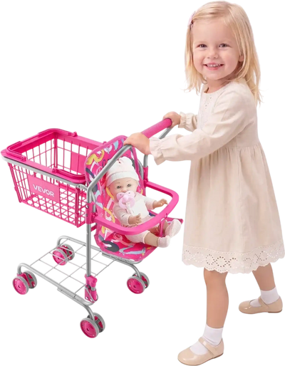 Vevor Shopping Cart Kids Pretend Play Grocery Toy Trolley with Doll Seat 2-Tier Pink New