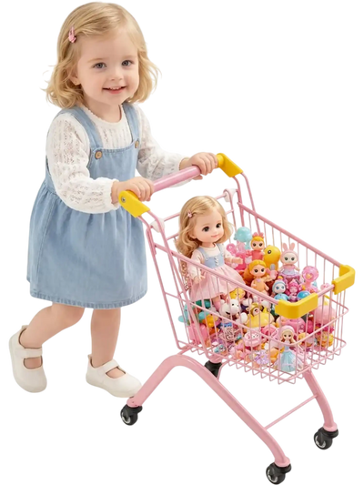 Vevor Shopping Cart Kids Pretend Play Grocery Trolley with Wheels Pink New