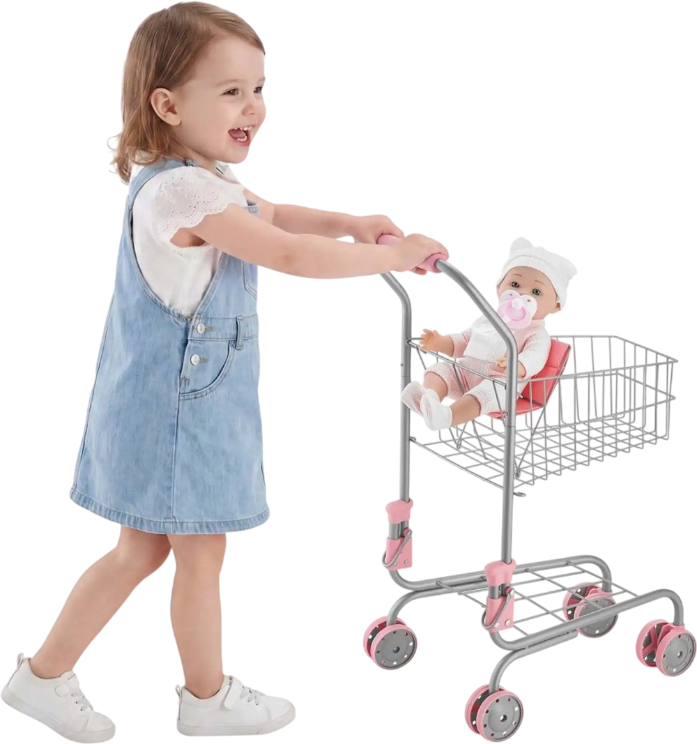 VEVOR Shopping Cart for Kids, Sturdy Metal Frame, Grocery Store Pretend Play Toy Cart with Baby Doll, Rolling Wheels, Basket, Toy Shopping Trolley, Folds for Easy Storage, for Kids & Toddlers Ages 3+