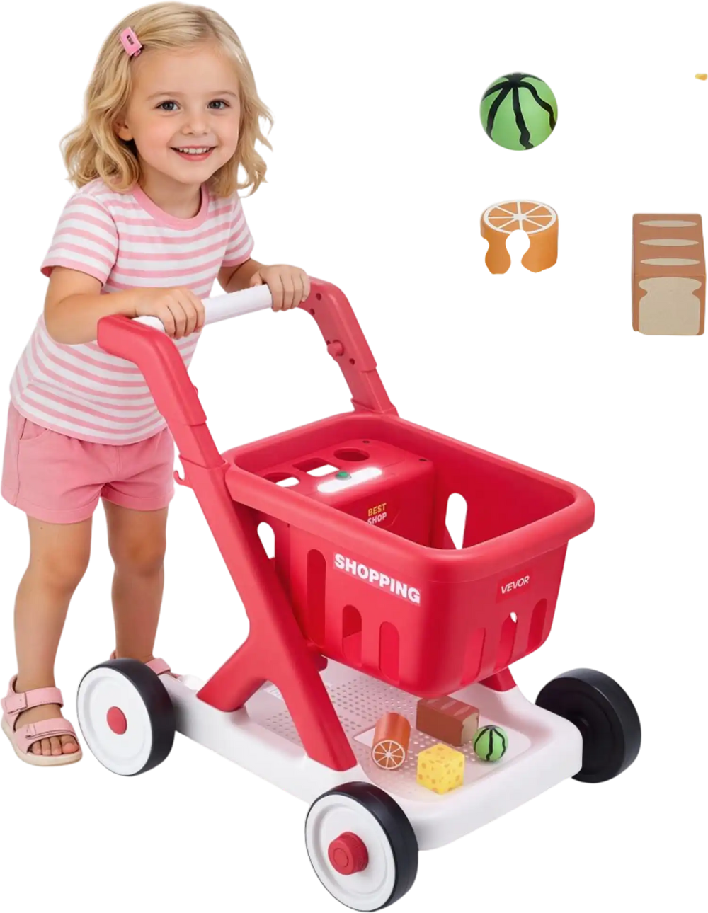 VEVOR Scan & Sort Kids Shopping Cart, for Kids 2+, Toy Shopping Cart with Pretend Food, Lights & Sound, Pretend Play Grocery Store Toy Trolley, Adjustable Height Baby Push Walker, for Toddlers Ages 2+