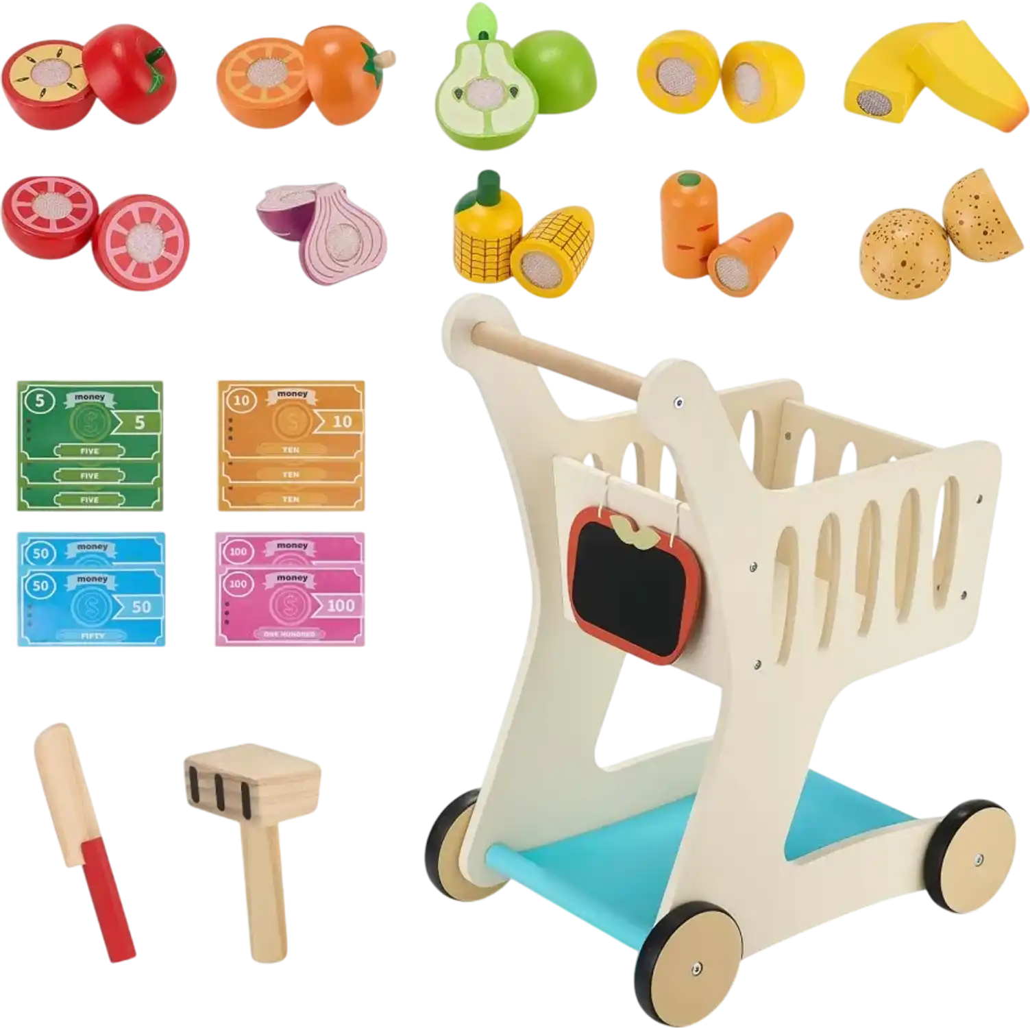 Vevor Shopping Cart Kids Wooden Pretend Play Grocery Trolley with Scanner and Play Food New