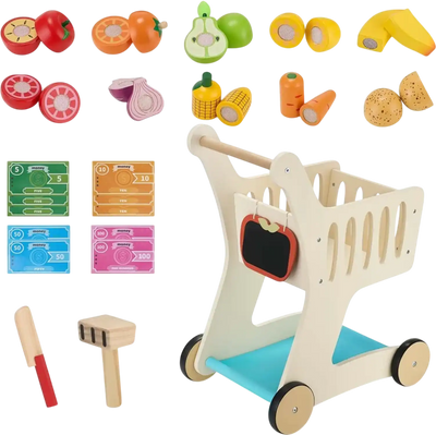Vevor Shopping Cart Kids Wooden Pretend Play Grocery Trolley with Scanner and Play Food New