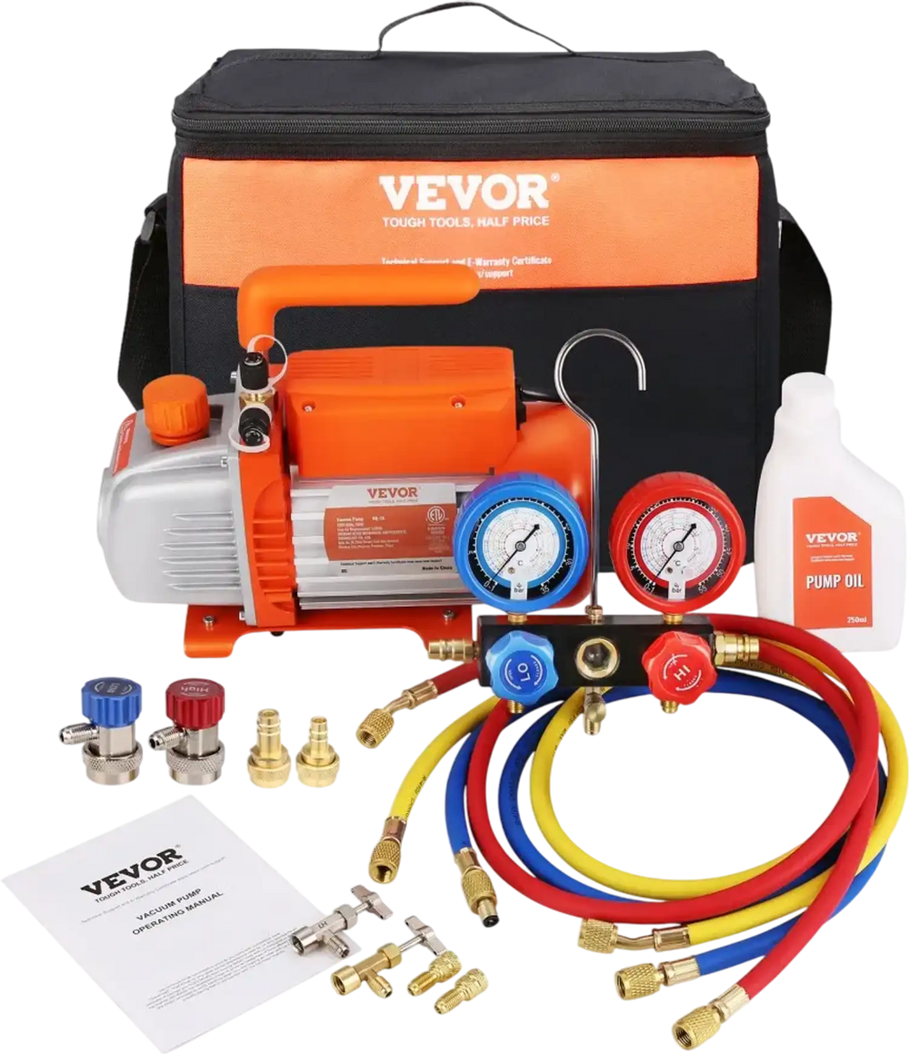 VEVOR 1/5 HP 3.5 CFM AC Vacuum Pump and Gauge Set, Single Stage Rotary Vane HVAC Air Vacuum Pump A/C Refrigerant Kit Manifold Gauge Set, with Three-Color Hose Carry Bag, Applicable to R134a, R1234yf