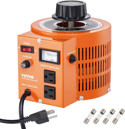 VEVOR 2000VA Auto Variable Voltage Transformer, 15.3 Amp, 110V Input 0-130V Output AC Voltage Regulator Power Supply, with 4 Extra Fuses Thermal Control Switch for Home Industrial Office