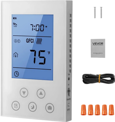 VEVOR 7-Day Programmable Thermostat, Home Thermostats for Radiant Underfloor Heating Cable,Heat Pump, Built-in GFCI & Sensitive Sensor, LED Screen with Backlight,Energy-Efficient,White
