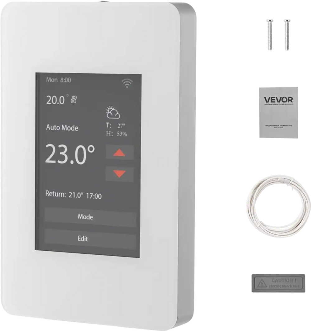 VEVOR 7-Day Programmable Thermostat, Home Thermostats for Radiant Underfloor Heating Cable,Heat Pump with GFCI & Sensitive Sensor,TFT Color Display Touchscreen,Efficient,Gray-White (Without Wifi)