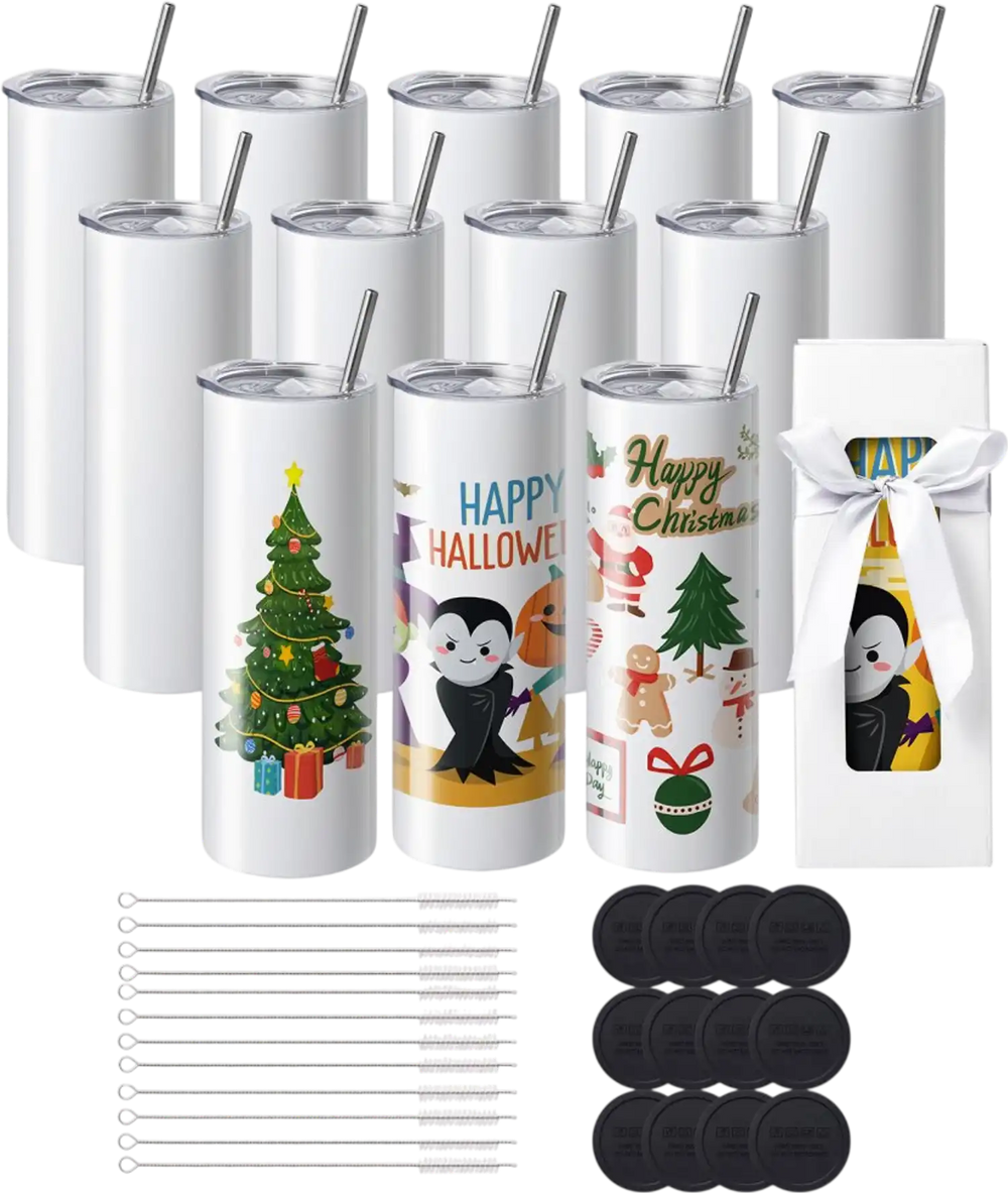 VEVOR 12 Pack Sublimation Tumblers 20oz Skinny Straight, Stainless Steel Sublimation Tumblers Blank, Stainless Steel Double Wall Tumbler for Heat Transfer Customized Gifts with Lid and Straw, Gift Box