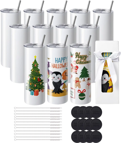 Vevor Sublimation Tumblers 12-Pack 20 oz Skinny Straight Stainless Steel Blank Cups New