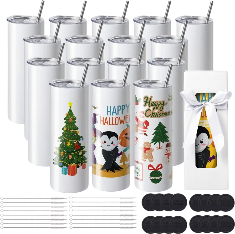 VEVOR 16 Pack Sublimation Tumblers 20oz Skinny Straight, Stainless Steel Sublimation Tumblers Blank, Stainless Steel Double Wall Tumbler for Heat Transfer Customized Gifts with Lid and Straw, Gift Box