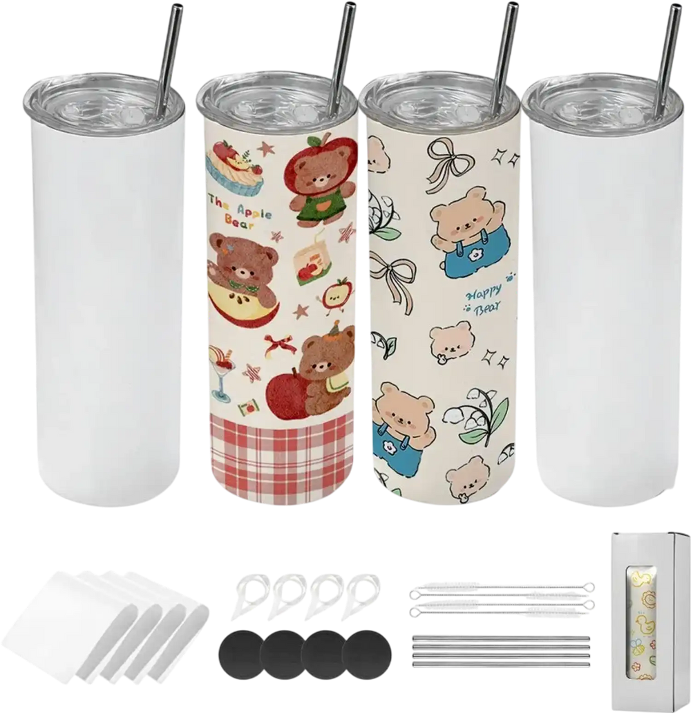 VEVOR Sublimation Tumblers, 4 Pack, 20 oz Skinny Straight Tumblers Bulk, Stainless Steel Sublimation Cups with Lids and Straws, Double Wall Insulated Tumbler Blank, for DIY Personalized Customization