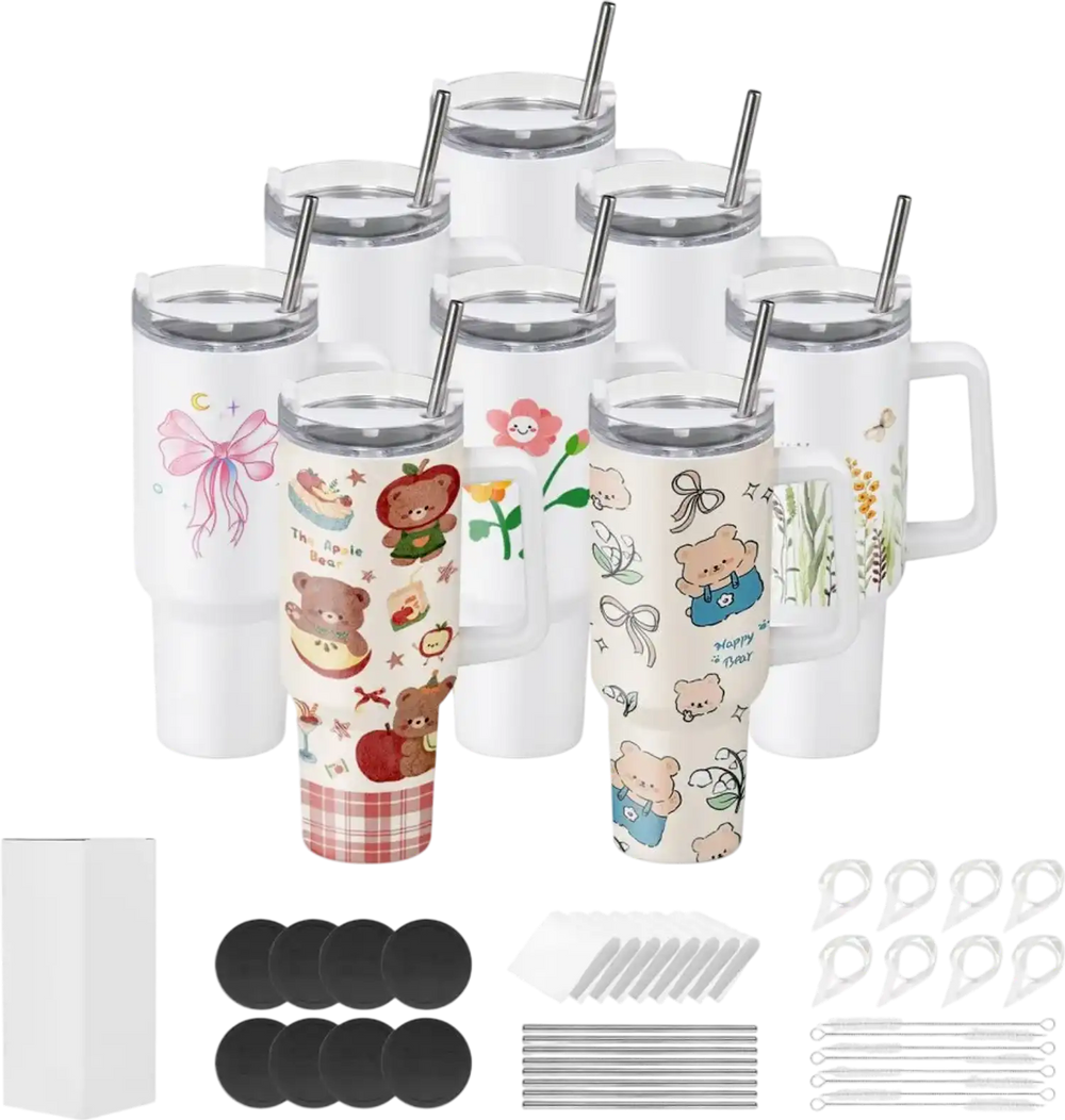 VEVOR Sublimation Tumblers, 8 Pack, 40 oz Tumblers Bulk with Handle, Stainless Steel Sublimation Cups with Lids and Straws, Double Wall Insulated Tumbler Blank, for DIY Personalized Customization
