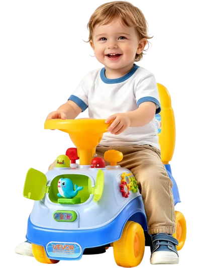 Vevor Ride-On Push Car Toddler Sit-to-Stand Toy with Music Steering Wheel Storage Blue New