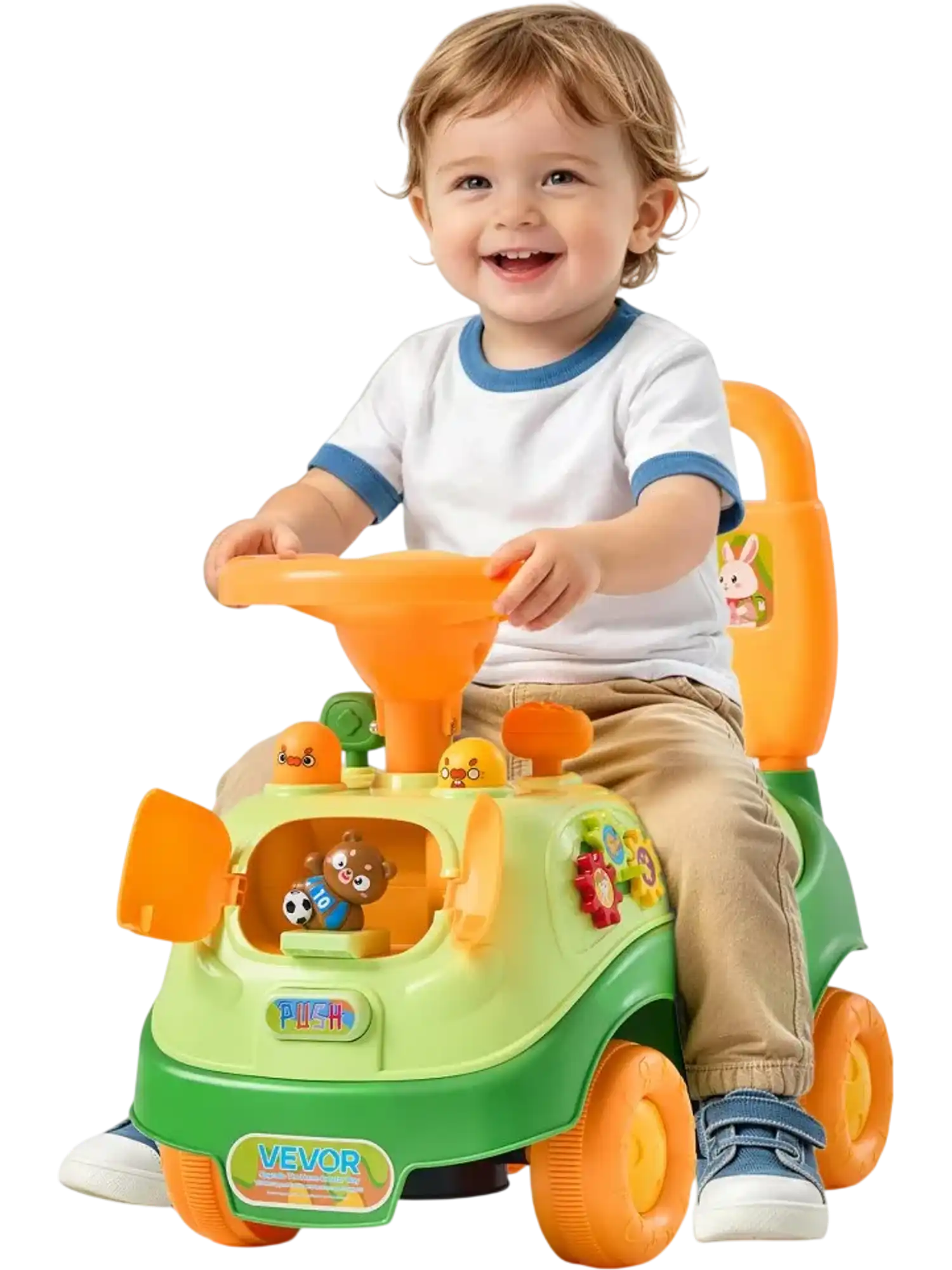 Vevor Ride-On Push Car Toddler Sit-to-Stand Toy with Music Steering Wheel, Horn, Storage & Detachable Back Green New