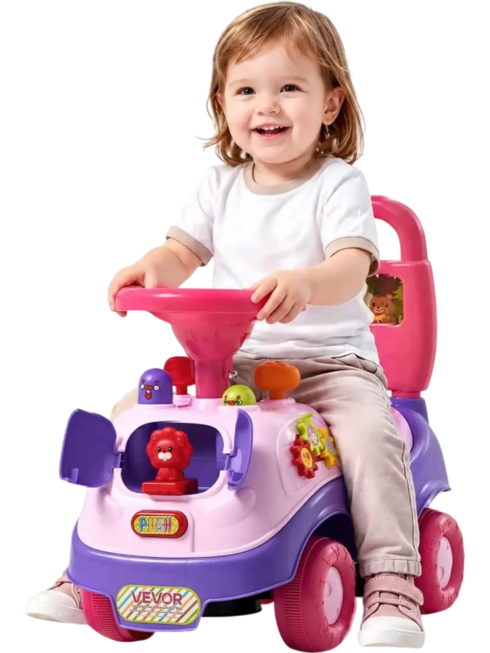 VEVOR Ride On Push Car for Toddlers Ages 19+ Months Sit-to-Stand Ride Toy, Kids Ride On Car for Boys Girls, Music Steering Wheel, Horn, Under-Seat Storage, Detachable Back,Indoor Outdoor Play,Purple