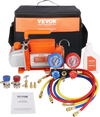VEVOR 1/5 HP 3.5 CFM AC Vacuum Pump and Gauge Set, Single Stage Rotary Vane HVAC Air Vacuum Pump A/C Refrigerant Kit Manifold Gauge Set, with Three-Color Hose Carry Bag, Applicable to R134a, R410a