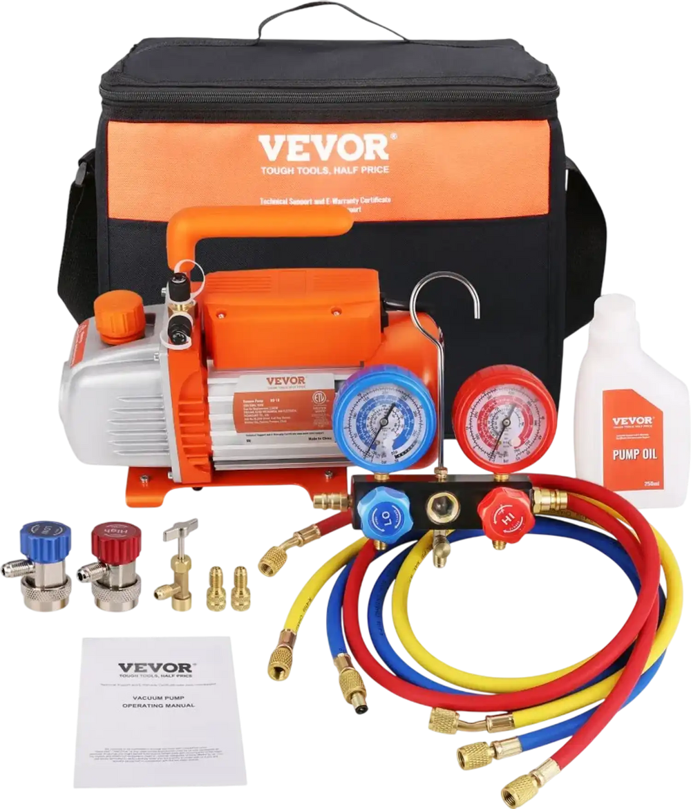 VEVOR 1/5 HP 3.5 CFM AC Vacuum Pump and Gauge Set, Single Stage Rotary Vane HVAC Air Vacuum Pump A/C Refrigerant Kit Manifold Gauge Set, with Three-Color Hose Carry Bag, Applicable to R134a, R410a