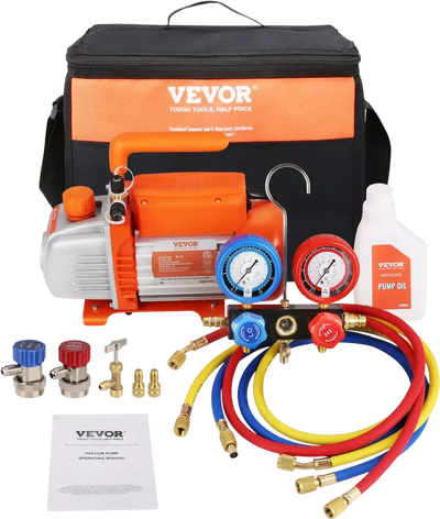Vevor Vacuum Pump & Gauge Set 1/4 HP 4 CFM Single Stage Rotary Vane HVAC Refrigerant Kit New
