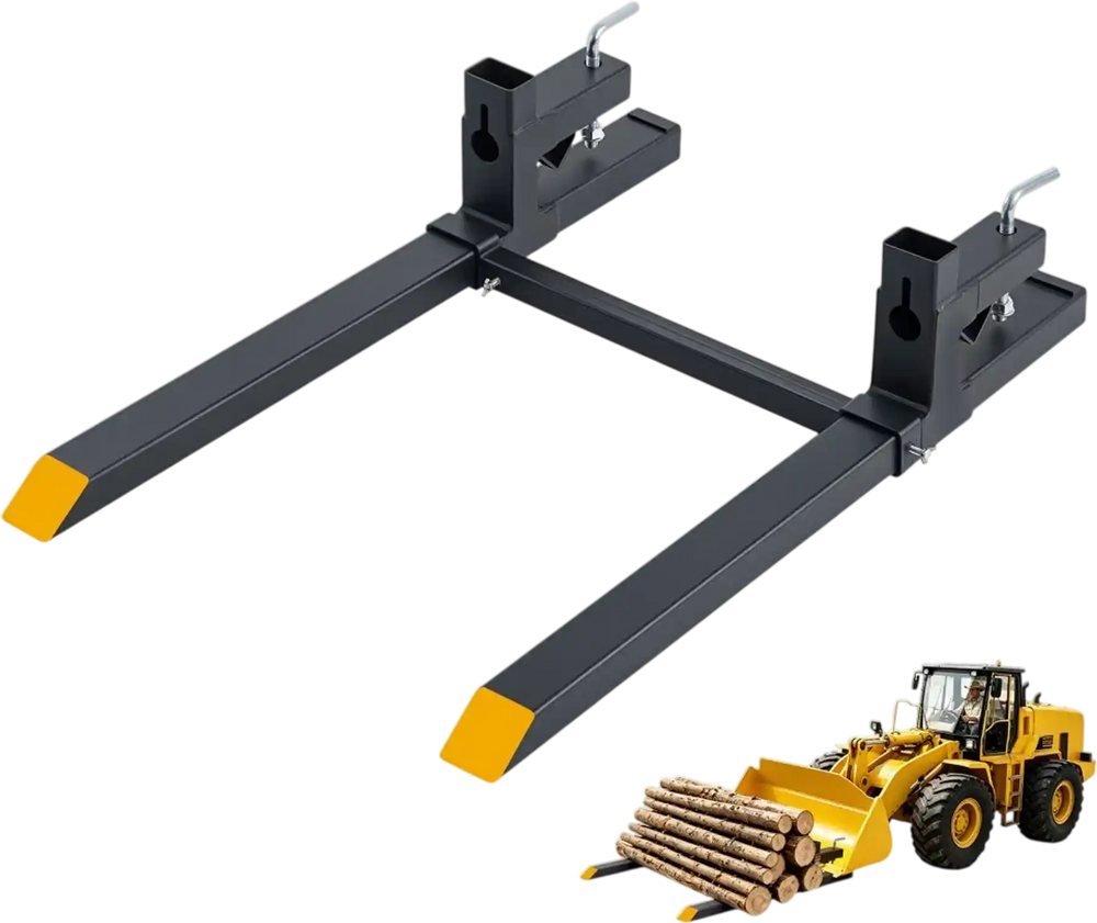 VEVOR Pallet Forks 2000 lbs Clamp-On Pallet Forks, 43 in Length Yellow Tips, for Tractor Attachments, Skid Steer & Loader Bucket, Adjustable Stabilizer Bar, Heavy-Duty Reinforced Tractor Bucket Fork