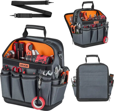VEVOR Tool Bag, 13.2 Inch, 39-Pocket Open Top Tool Pouch, Portable Electrical Maintenance Toolbox Organizer Storage with Hard Plastic Base, Adjustable Shoulder Strap, for Professionals DIY & Jobsite