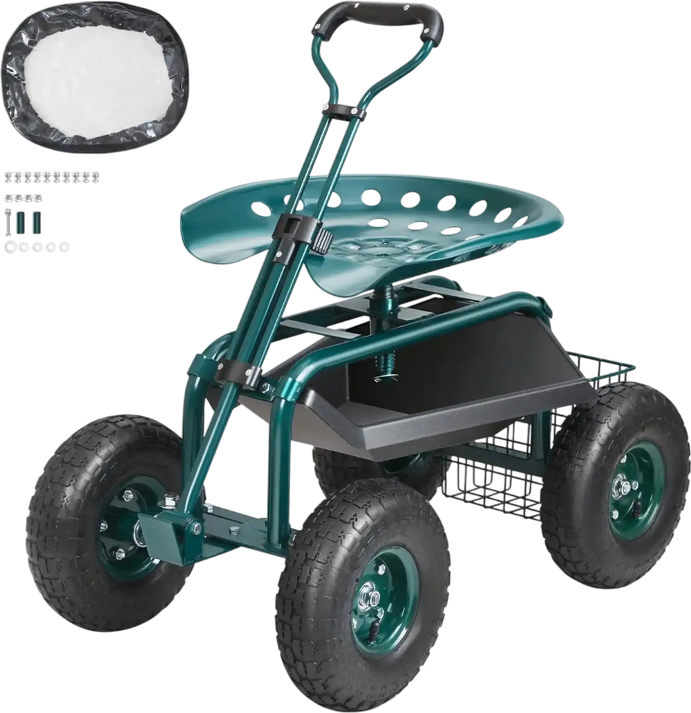 VEVOR Garden Cart Rolling Workseat with Wheels, Gardening Stool for Planting, 360 Degree Swivel Seat, Wagon Scooter with Steering Handle & Utility Tool Tray, Use for Patio, Yard, and Outdoors, Green