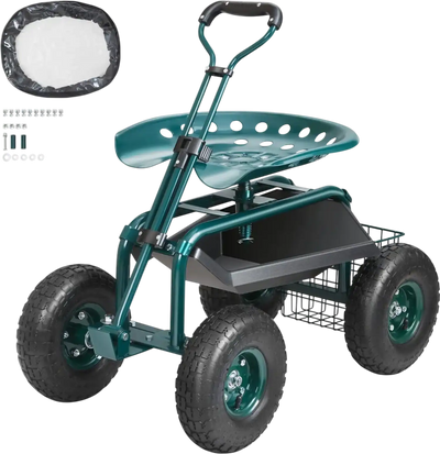 VEVOR Garden Cart Rolling Workseat with Wheels, Gardening Stool for Planting, 360 Degree Swivel Seat, Wagon Scooter with Steering Handle & Utility Tool Tray, Use for Patio, Yard, and Outdoors, Green