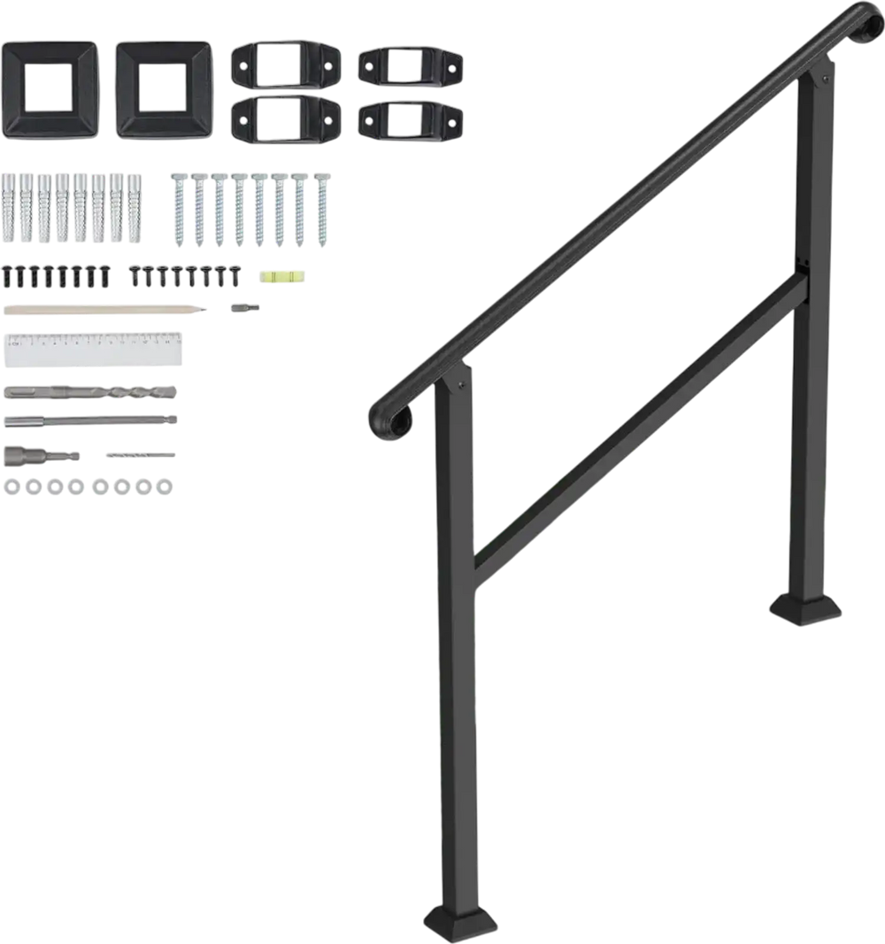 VEVOR Handrails for Outdoor Steps, 2-3 Step Stair Hand Rail & Indoor Railing Kit, Railings for Outside Steps with Installation Kit, Hand Rails for Seniors,Porch Railing & Deck Hand Rail, Black