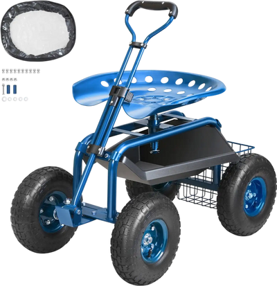 VEVOR Garden Cart Rolling Workseat with Wheels, Gardening Stool for Planting, 360 Degree Swivel Seat, Wagon Scooter with Steering Handle & Utility Tool Tray, Use for Patio, Yard, and Outdoors, Blue