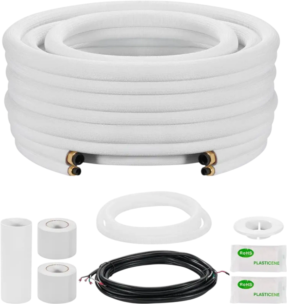 VEVOR 25ft Mini Split Line Set, 3/8” & 5/8” OD AC Copper Tubing Pipe, 3/8 White PE Thickened Insulated Coil with Flared Nuts, Rich Fittings, for Mini Split Air Conditioner HVAC or Heat Pump System