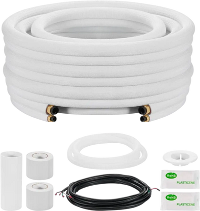 VEVOR 25ft Mini Split Line Set, 3/8” & 5/8” OD AC Copper Tubing Pipe, 3/8 White PE Thickened Insulated Coil with Flared Nuts, Rich Fittings, for Mini Split Air Conditioner HVAC or Heat Pump System