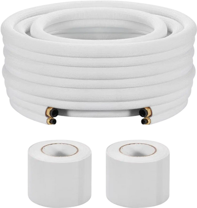 VEVOR 50ft Mini Split Line Set, 1/4” & 3/8” OD AC Copper Tubing Pipe, 3/8 White PE Thickened Insulated Coil with Flared Nuts, Strapping Tapes, for Mini Split Air Conditioner HVAC or Heat Pump System