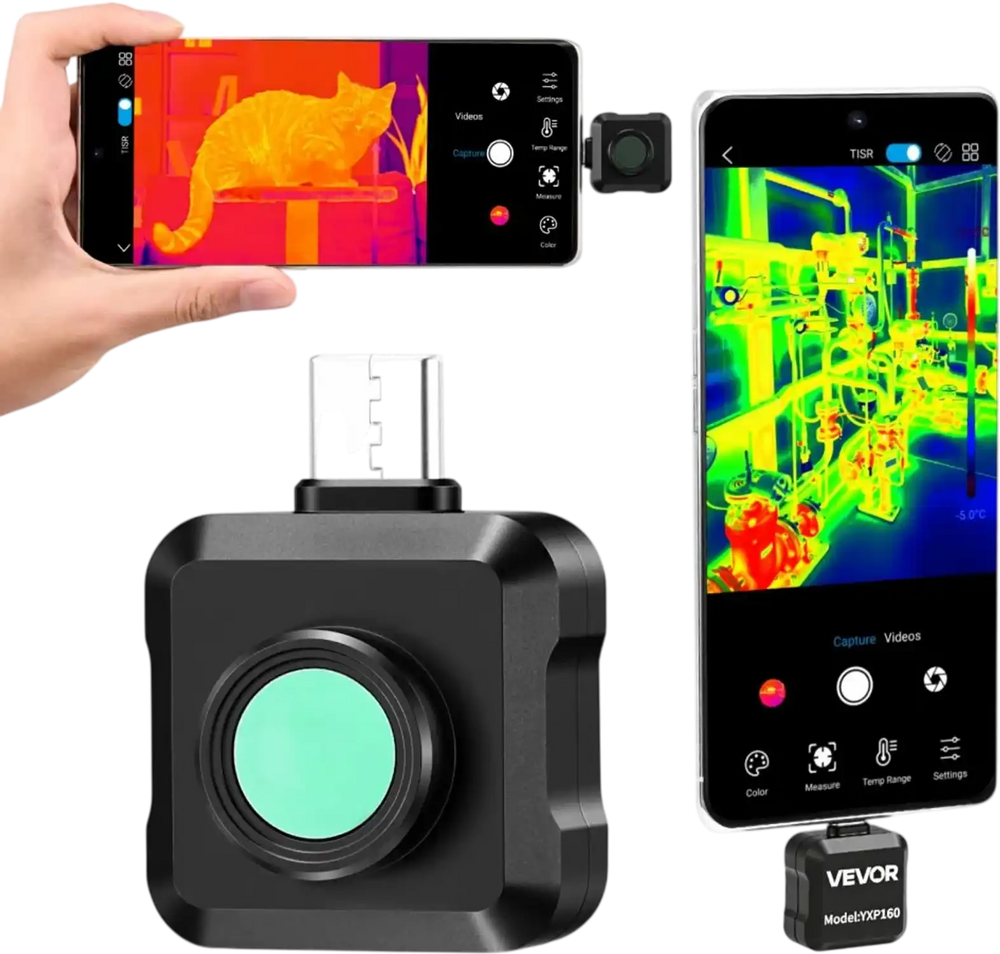 VEVOR Thermal Imaging Camera for Android, 320 x 240 TISR Super Resolution, 25HZ Refresh Rate Infrared Thermal Imager for Smartphone Tablet, 160 x 120 IR Resolution, -4°F to 1022°F & 15 Color Palettes