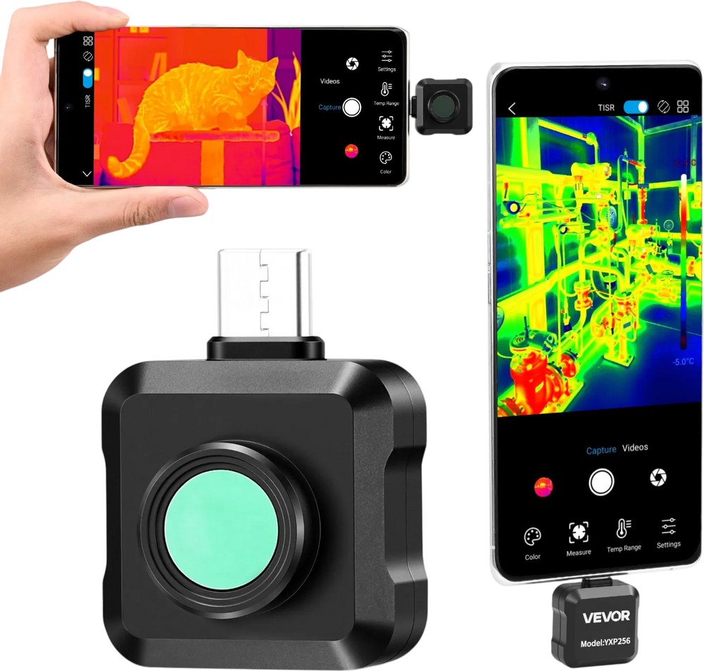 VEVOR Thermal Imaging Camera for Android, 512 x 384 TISR Super Resolution, 25HZ Refresh Rate Infrared Thermal Imager for Smartphone Tablet, 256 x 192 IR Resolution, -4°F to 1022°F & 15 Color Palettes
