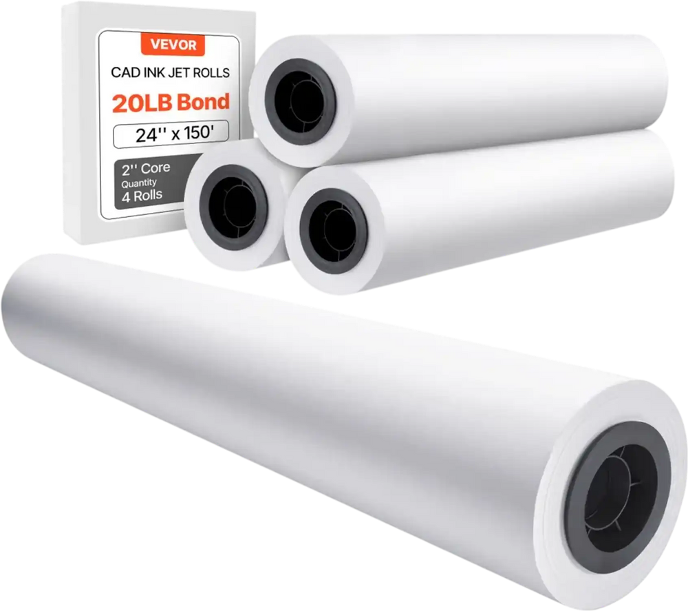 VEVOR Wide Format Paper, 24 in x 150 ft Plotter Paper, 4 Rolls CAD Bond Rolls with 2 in Core, 20 LB Bond Paper Rolls, Idea for CAD Drawings, Engineering Plans, GIS Maps & Architectural Designs