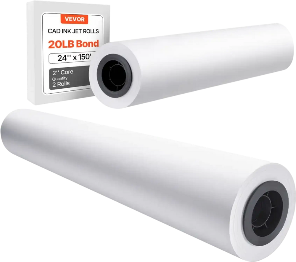 VEVOR Wide Format Paper, 24 in x 150 ft Plotter Roll, 2 Rolls CAD Bond Rolls with 2 in Core, 20 LB Bond Paper Rolls, Ideal for CAD Drawings, Engineering Plans, GIS Maps, and Architectural Designs