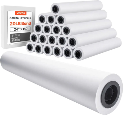 VEVOR Wide Format Paper, 24 in x 150 ft Plotter Roll, 20 Rolls CAD Bond Rolls with 2 in Core, 20 LB Bond Paper Rolls, Ideal for CAD Drawings, Engineering Plans, GIS Maps, and Architectural Designs