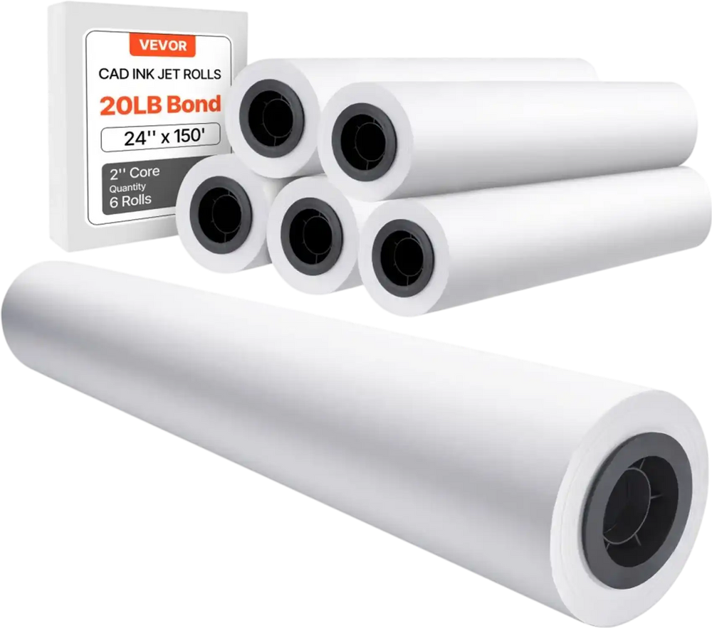VEVOR Wide Format Paper, 24 in x 150 ft Plotter Paper, 6 Rolls CAD Bond Rolls with 2 in Core, 20 LB Bond Paper Rolls, Idea for CAD Drawings, Engineering Plans, GIS Maps & Architectural Designs