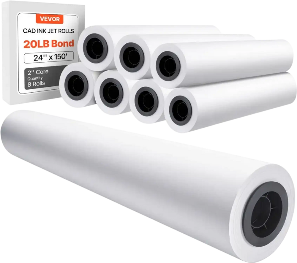 VEVOR Wide Format Paper, 24 in x 150 ft Plotter Roll, 8 Rolls CAD Bond Rolls with 2 in Core, 20 LB Bond Paper Rolls, Ideal for CAD Drawings, Engineering Plans, GIS Maps, and Architectural Designs
